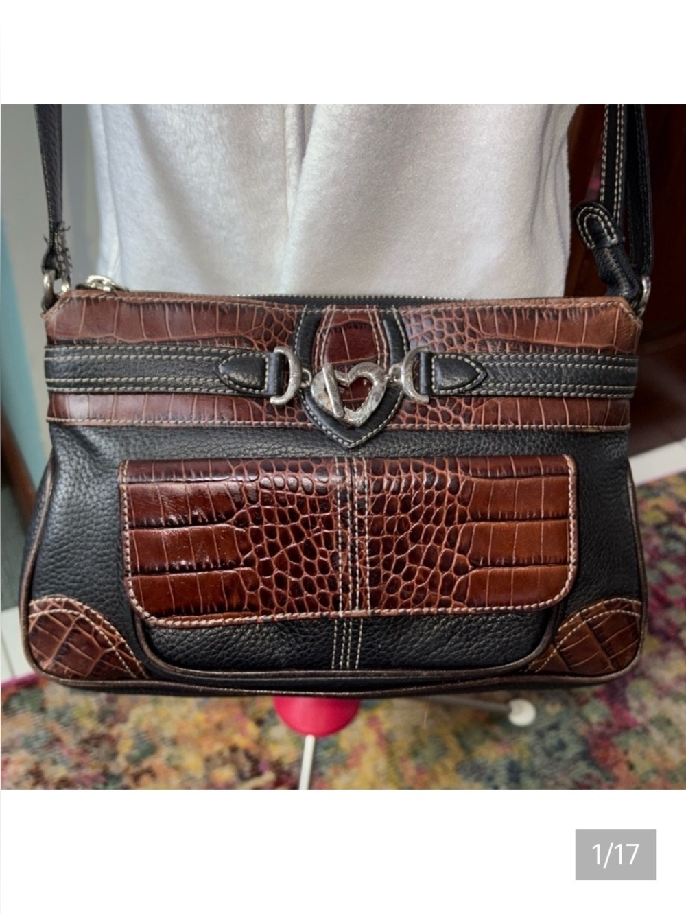Brighton Crossbody/ shoulder bag wallet  leather black/ brown croc imprint trim